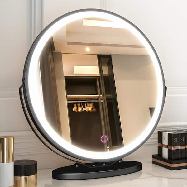 waterpar 19 in. Round 3-Color-LED Touch Screen, Makeup Dimmable Lighted Mirror for Table in Black Frame