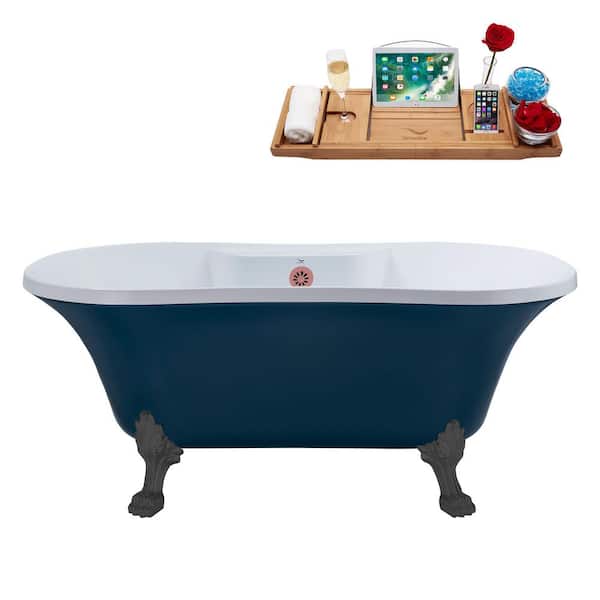 Streamline 60 in. x 32 in. Acrylic Clawfoot Soaking Bathtub in Matte Light Blue with Brushed Gun Metal Clawfeet, Matte Pink Drain