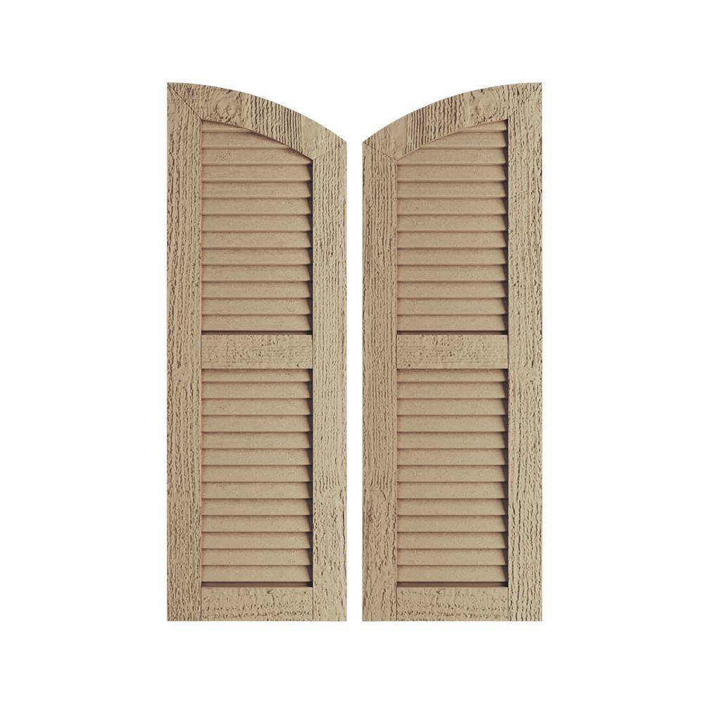 12 in. x 68 in. Polyurethane Rough Sawn Two Equal Louver w/Elliptical Top Faux Wood Shutters (Per Pair), Primed Tan