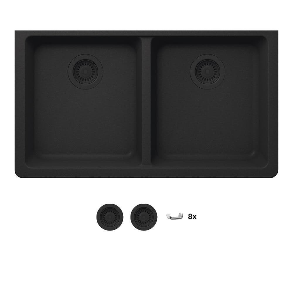 Glacier Bay Stonehaven Undermount Black Onyx Granite Composite 33 in 50/50  Double Bowl Kitchen Sink with Black Strainer STHMDN200U 10 - The Home Depot