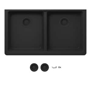 Stonehaven 33 in. Undermount 50/50 Double Bowl Black Onyx Granite Composite Kitchen Sink with Black Strainer