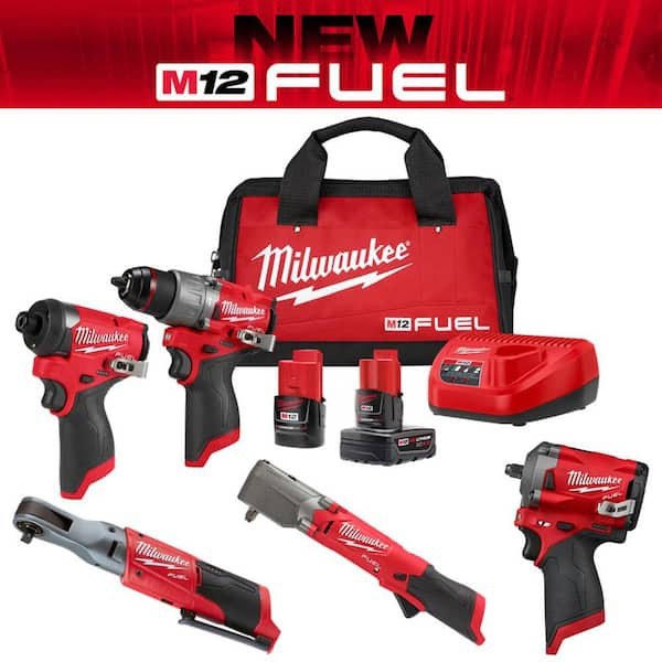 Milwaukee M12 Fuel 12-Volt Li-ion Brushless Cordless Hammer Drill/Impact Driver/Impact Wrench/Ratchet Combo Kit (5-Tool)