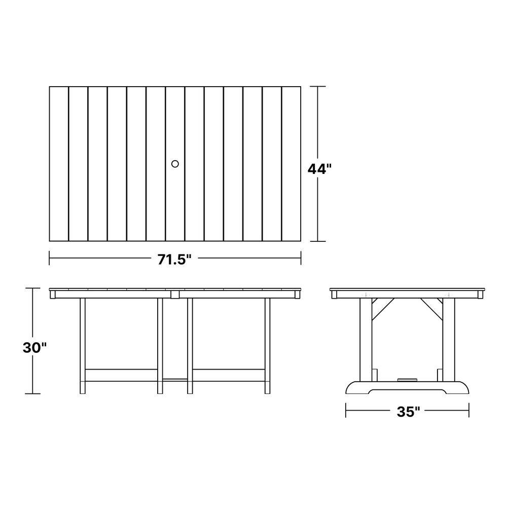 Technical drawing showing the dimensions of the dining table.