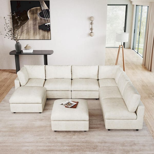 Sofa Covers Washable, 134 in. Square Arm Chenille Modular Sofa with 2 Ottomans, Solid Pine Wood Frame in White