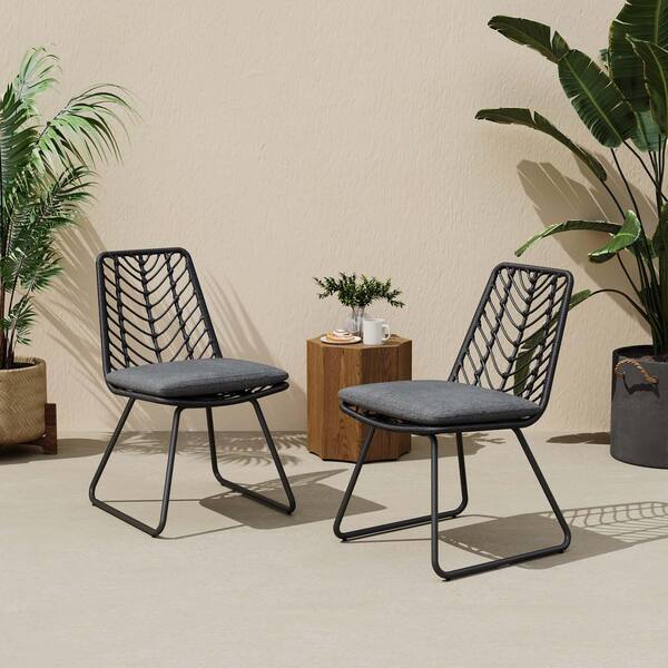 Black Metal Outdoor Lounge Chair with Gray Cushion (Pack of 2) Y
