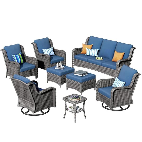 Oreille Grey 8-Piece Wicker Outdoor Patio Conversation Sofa Set with Swivel Rocking Chairs and Denim Blue Cushions