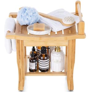 11.02 in. D x 16.54 in. W x 18.5 in. H Natural Bathroom Bamboo Shower Bench Seat with Storage Shelf