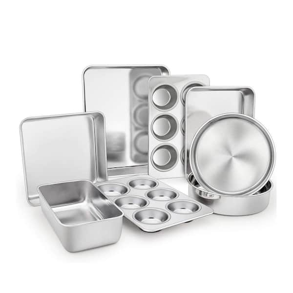 8-Piece Stainless Steel Bakeware Set Square Round Lasagna Cake Loaf Muffin Pan Non-Toxic Dishwasher Safe