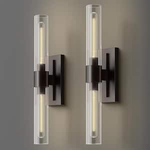 2.36 in. 2-Lights Black Wall Sconce with Luxury Brass Base and Clear Glass(Set of 2)