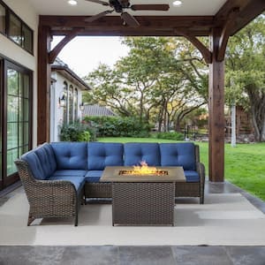 Brown 2-Piece Wicker Patio Fire Pit Set, Outdoor 6-Seater Sectional Seating Set with Olefin Navy Blue Cushions