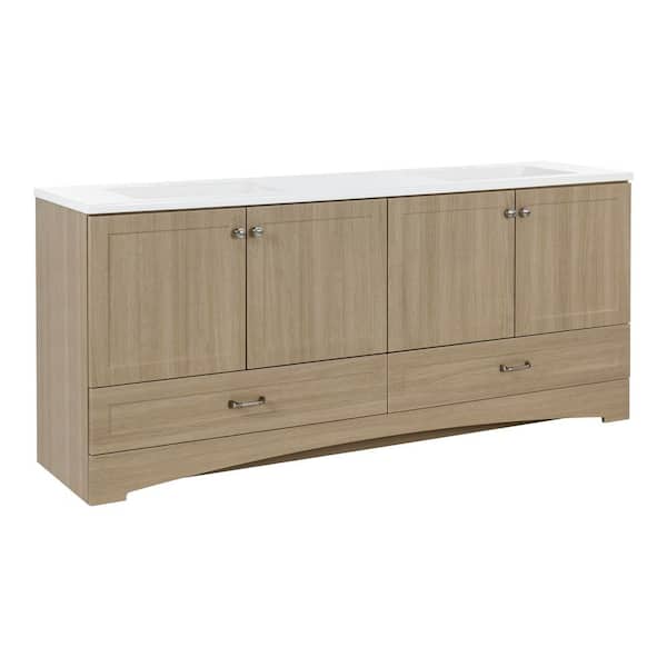 Lancaster 73 in. Double Sink Beige Oak Bath Vanity with White Cultured Marble Top (Assembled)