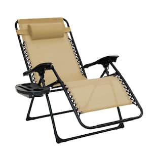 Oversized Taupe Metal Zero Gravity Chair with Leg Stabilizers and Big Cupholder