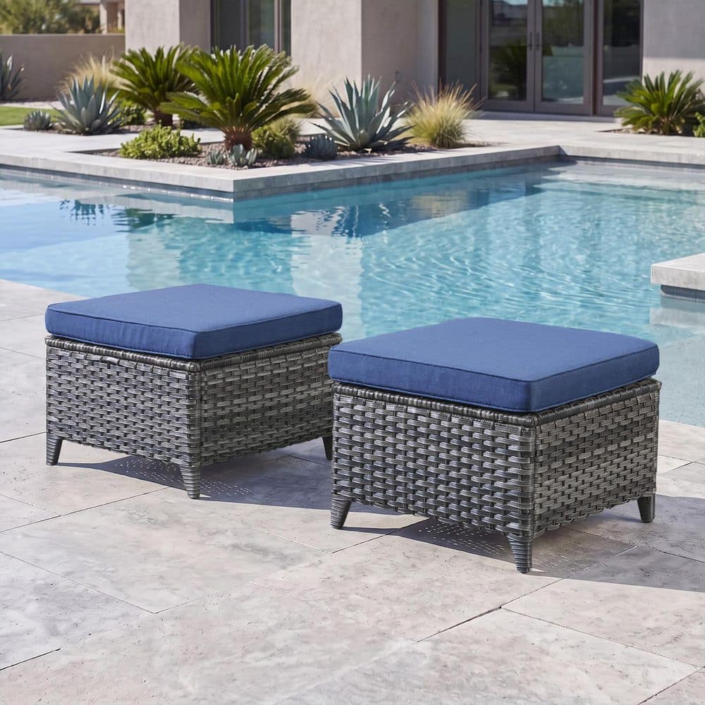 MoonLuxe Gray Wicker Outdoor Ottoman with Olefin Blue Cushions Patio/ Porch (2-Pack)