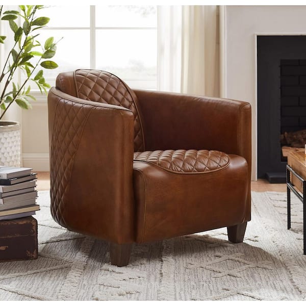 Top Leather Brown Genuine Leather Accent Arm Chair with Wood Legs