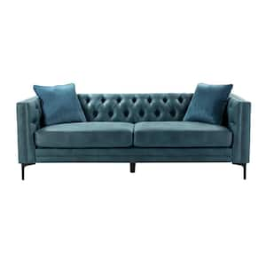 Eridu Comtemperary 84 in. Square Arm Faux Leather Button-Tufted design Tuxedo Rectangle Sofa in Blue