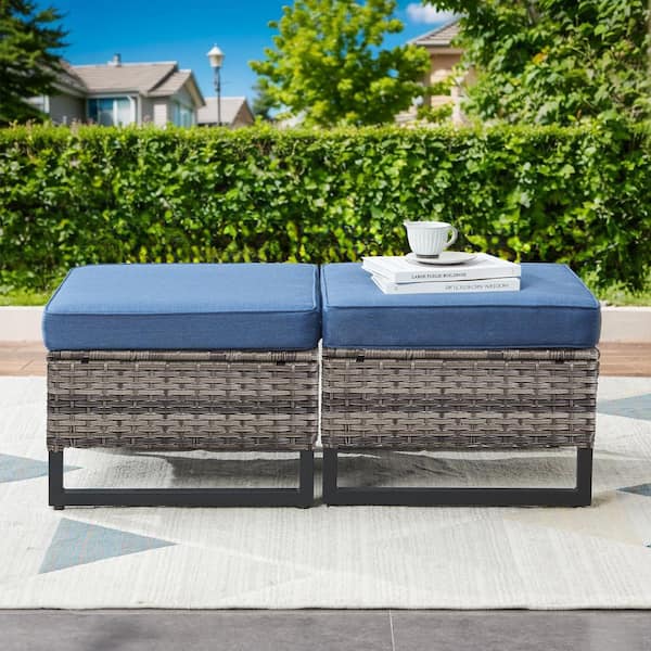 moosprr Gray Wicker Outdoor Ottoman with Blue Cushions (2-Pack)