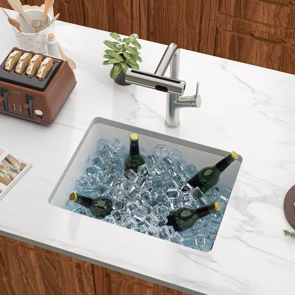 22 in. x 17 in. Quartz Composite White Single Bowl Granite Undermount Kitchen/Bar Sink with Gold Accessories