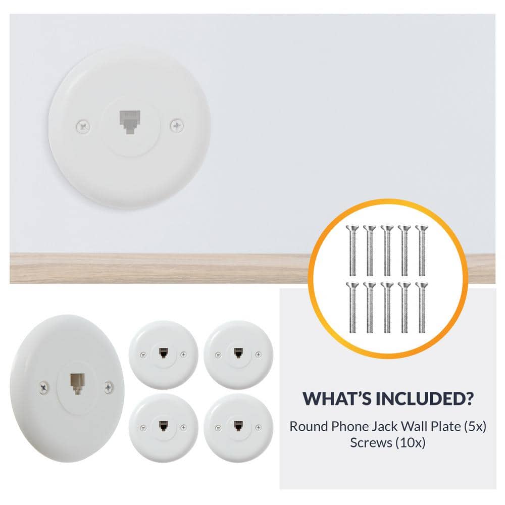 White Round Plastic Single Gang Telephone Jack Wall Plate, 5-Pack