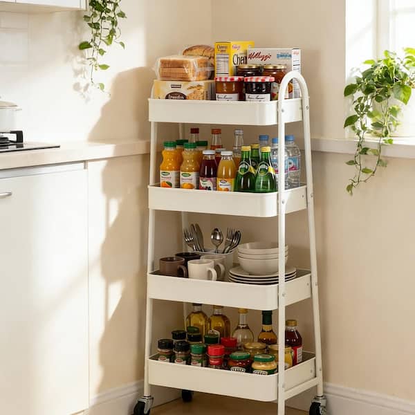 4-layer practical mobile trolley, metal movable storage rack, with lockable casters in White