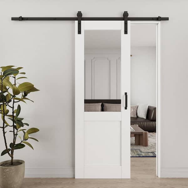 28 in. x 80 in. No Assembly Required 1/2-Lite Mirrored Glass White Primed MDF Sliding Barn Door with Hardware Kit