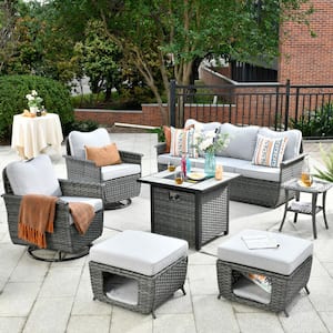 Echo Black 7-Piece Wicker Pet-Friendly Fire Pit Patio Conversation Sofa Set with Swivel Chairs and Light Gray Cushions