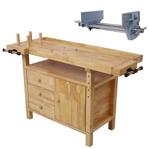 55 in. W Wooden Outdoor Dining Table Workbench with Rapid Action Woodworking Vise 7 in. Jaw Width