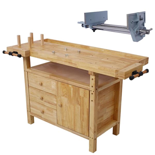 55 in. W Wooden Outdoor Dining Table Workbench with Rapid Action Woodworking Vise 9 in. Jaw Width