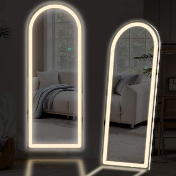 WONDER COMFORT Elegant Silver 20 in. W x 63 in. H Arched Aluminum Alloy Frame Floor Mirror with 3-Color Dimming LED Light