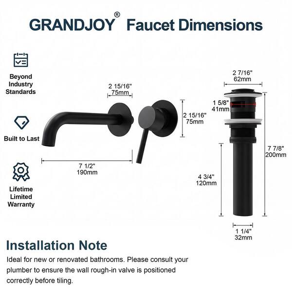 GRANDJOY Long Spout Single Handle Wall Mounted Bathroom Sink