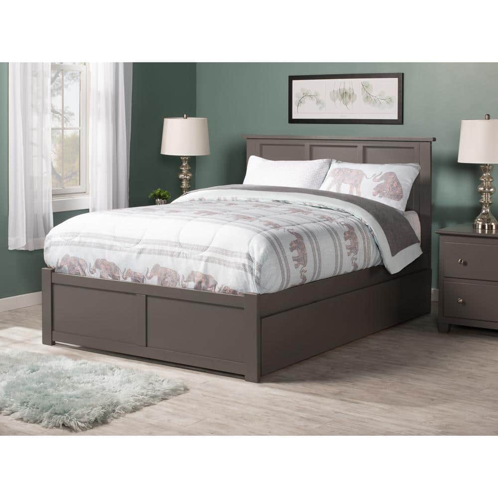 Grey Full Platform Bed with Wood Headboard and Trundle