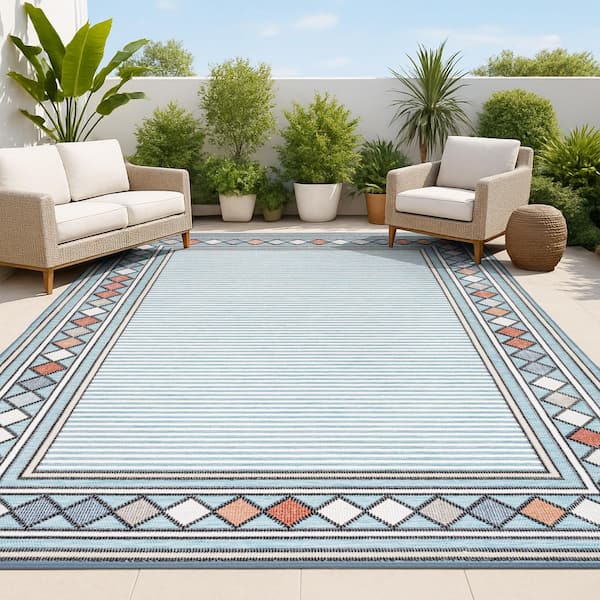 Sebastian Approximate Rug Size (3 x 5 ft.) High-Low Modern Blue/Ivory Diamond Border Indoor/Outdoor Area Rug