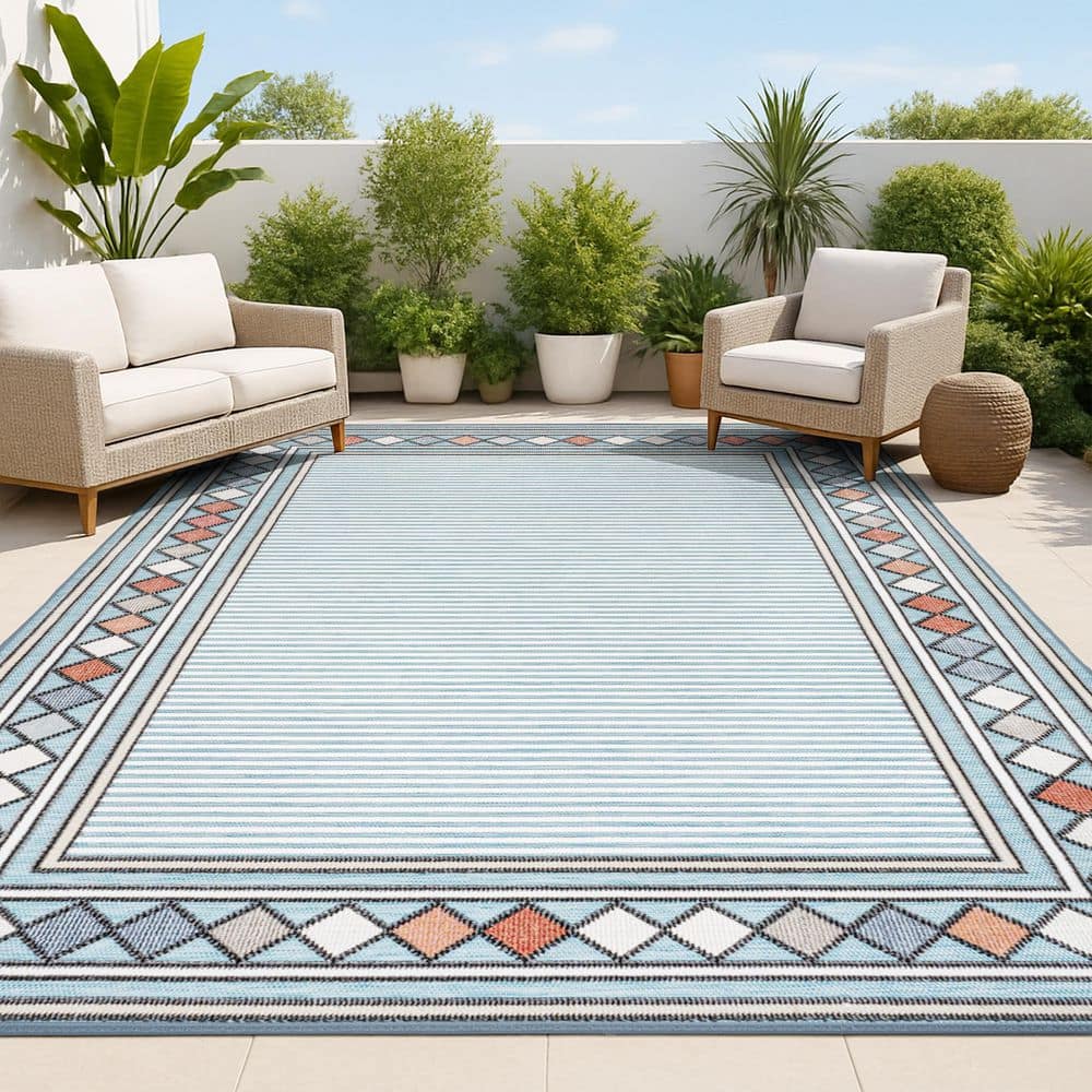 Sebastian Approximate Rug Size Blue/Ivory 4 ft. x 6 ft. High-Low Modern Diamond Border Indoor/Outdoor Area Rug price history on PriceWatchPro