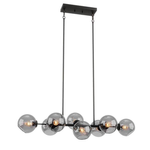 Modern 43.3 in. 8-Light Black Sputnik Globe Chandelier Linear Farmhouse Lighting with Smoke Gray Glass Shades