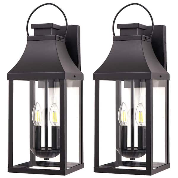 20 in. Modern 2-Light Black Outdoor Hardwired Wall Lantern Scone Exterior Wall Light with No Bulbs Included (2-Pack)