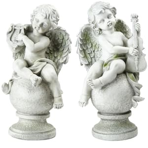 14.75 in. White Set of 2 Cherub Angels with Instruments Sitting on Finials Outdoor Garden Statues
