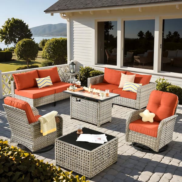 weaxty W Gerbera Gray 9-Piece Wicker Patio Fire Pit Conversation Sofa Set with Swivel Rocking Chairs and Orange Red Cushions