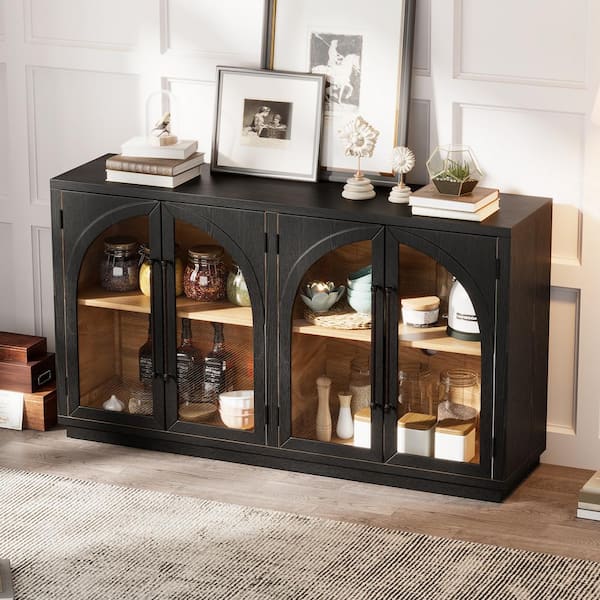 Unbranded Retro Black Solid Wood 60 in. Sideboard Buffet Cabinet with 4 Glass Doors and Adjustable Shelves Kitchen Storage Cabinet XW ZT AAB