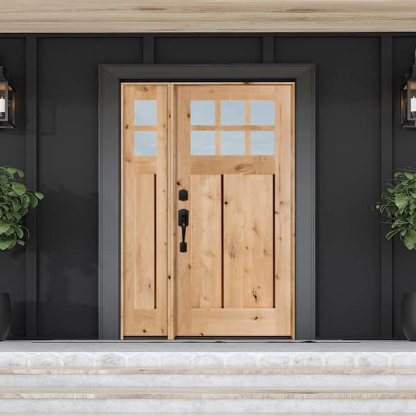 50 in. x 80 in. Craftsman Alder 2 Panel 6-Lite Clear Low-E Unfinished Wood Right-Hand Prehung Front Door/Left Sidelite