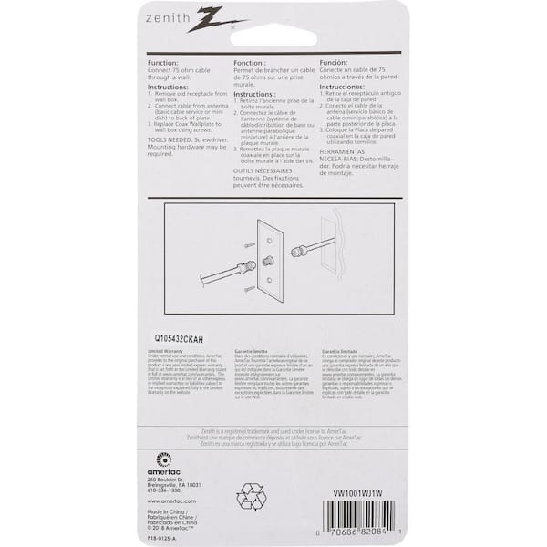 Zenith Flush Mount Ethernet/Coaxial Cable Wall Jack, White