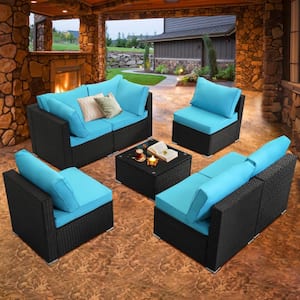 7-Piece Black PE Wicker All Weather Patio Conversation Set with Sky Blue Cushions