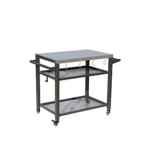 3-Shelf Outdoor Stainless Steel Food Prep Stand Table Grill Cart in Gray with Wheels and Hooks