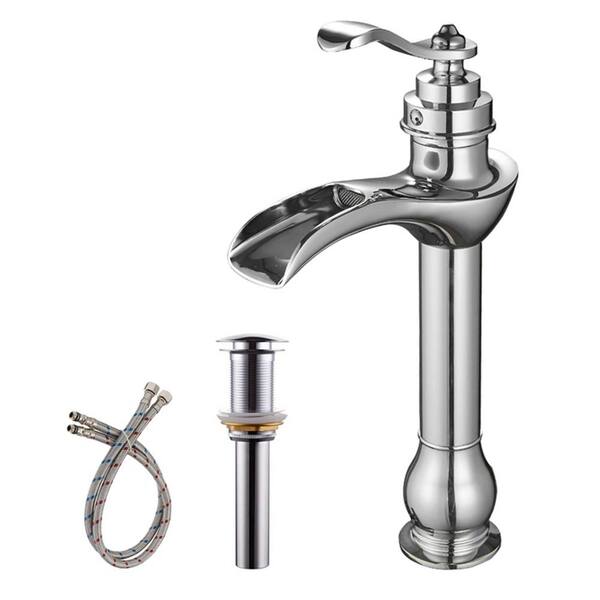 Unbranded Single Handle Waterfall Bathroom Vessel Sink Faucet with Pop-Up Drain 1-Hole High Tall Bathroom Tap in Polished Chrome