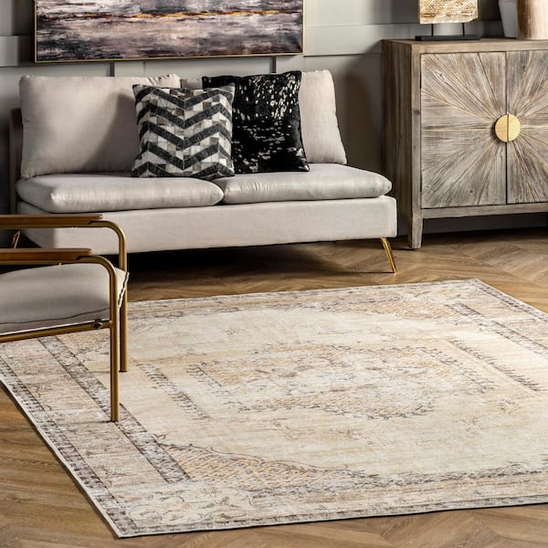 Glenda Machine Washable Faded Medallion Light Gray 4 ft. x 6 ft. Indoor Area Rug