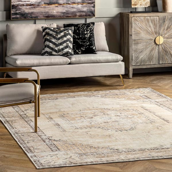 Glenda Light Grey 8 ft. x 10 ft. Machine Washable Faded Medallion Indoor Area Rug