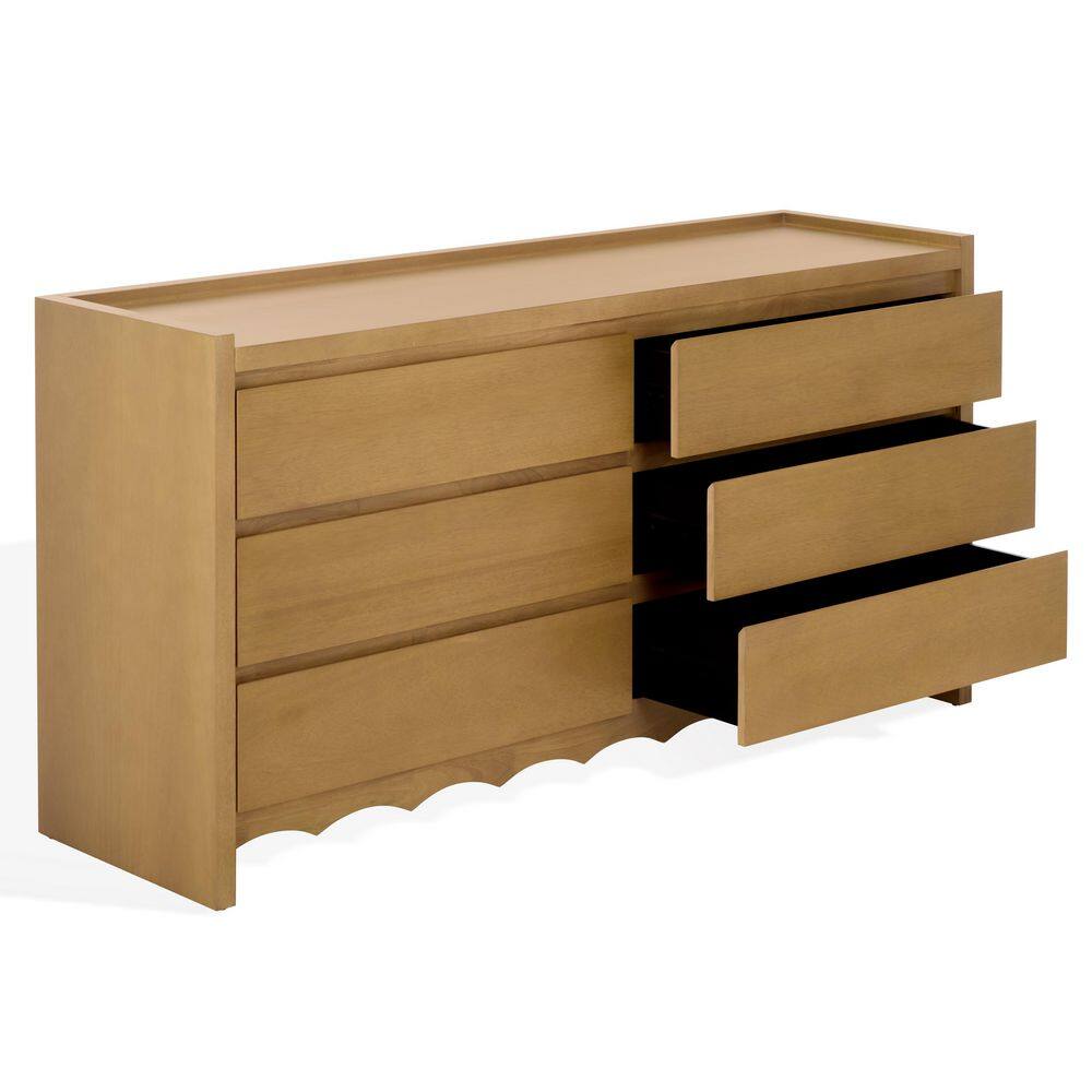 Natural wood 6-drawer dresser with three drawers pulled open.