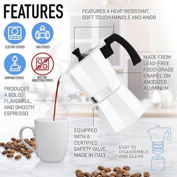 Moka ページ Zulay Kitchen 3-Cup Premium Moka Pot Stovetop Espresso Maker-White