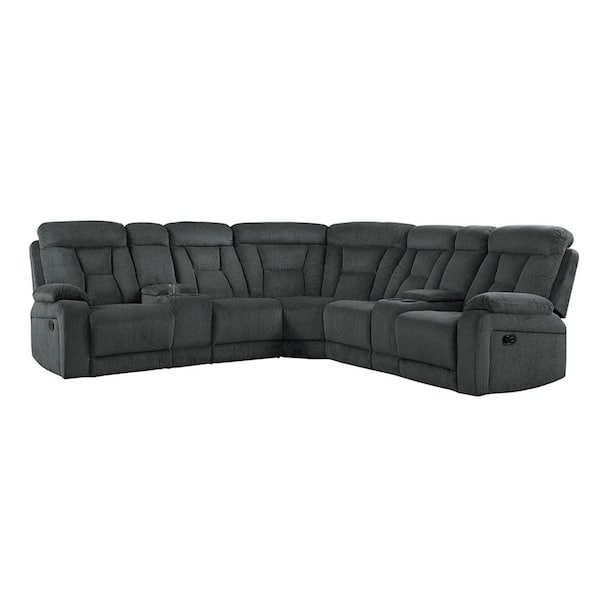 Lazzara Hadden 114 in. Straight Arm 3-piece Chenille Reclining Sectional Sofa in Gray with 2-Consoles