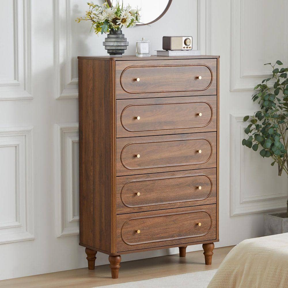 ATHMILE Retro Walnut 51.97 in. H Storage Cabinet with 5-Drawers
