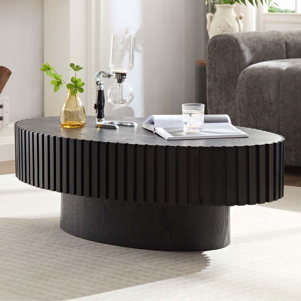 43.7 in. Black Oval MDF Modern Handcraft Drum Coffee Table Wood Center ...