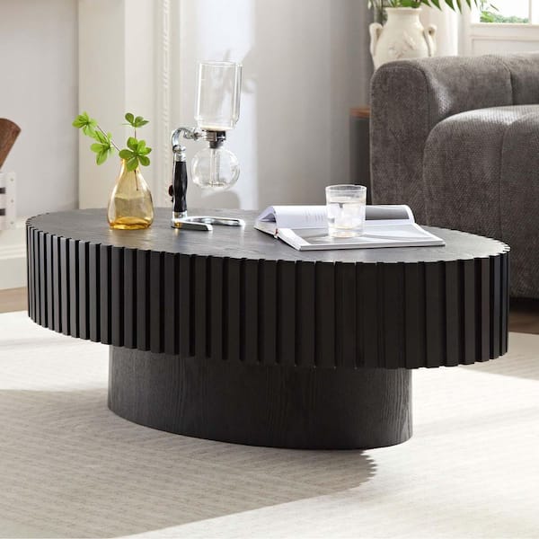 Unbranded 43.7 in. Black Oval MDF Modern Handcraft Drum Coffee Table Wood Center Table for Living Room